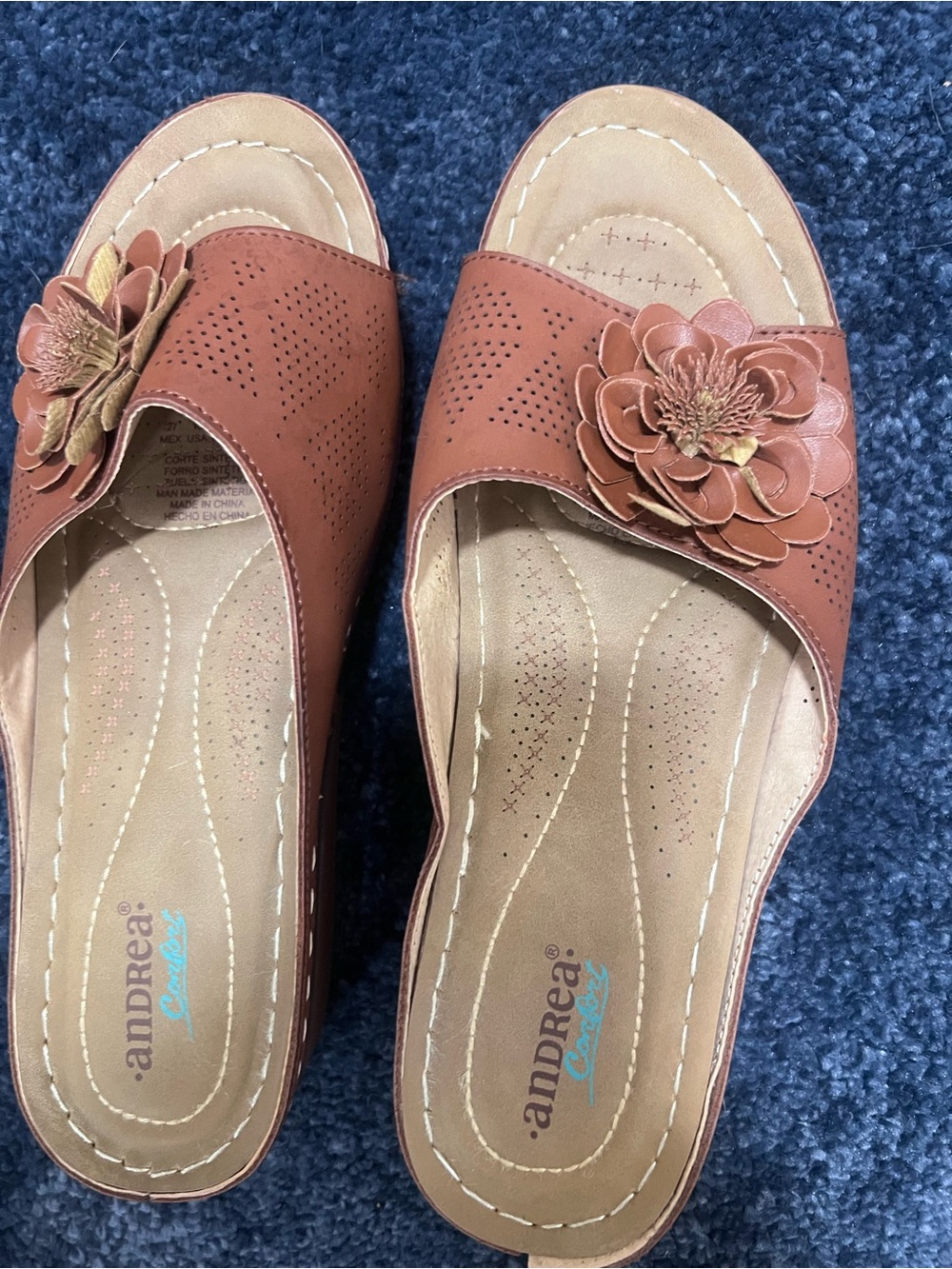 ANDREA FENZI Tan Floral Slide Mules
